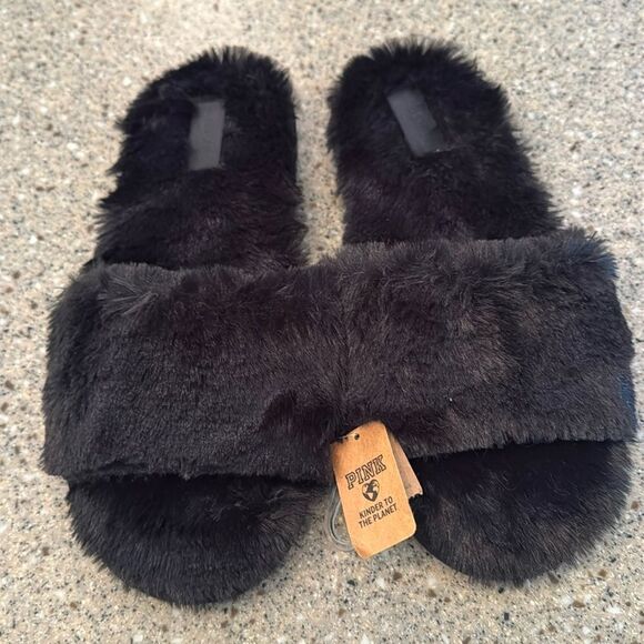 VICTORIA'S SECRET PINK Black Slide Faux Fur Slippers *NEW* - Picture 2 of 8